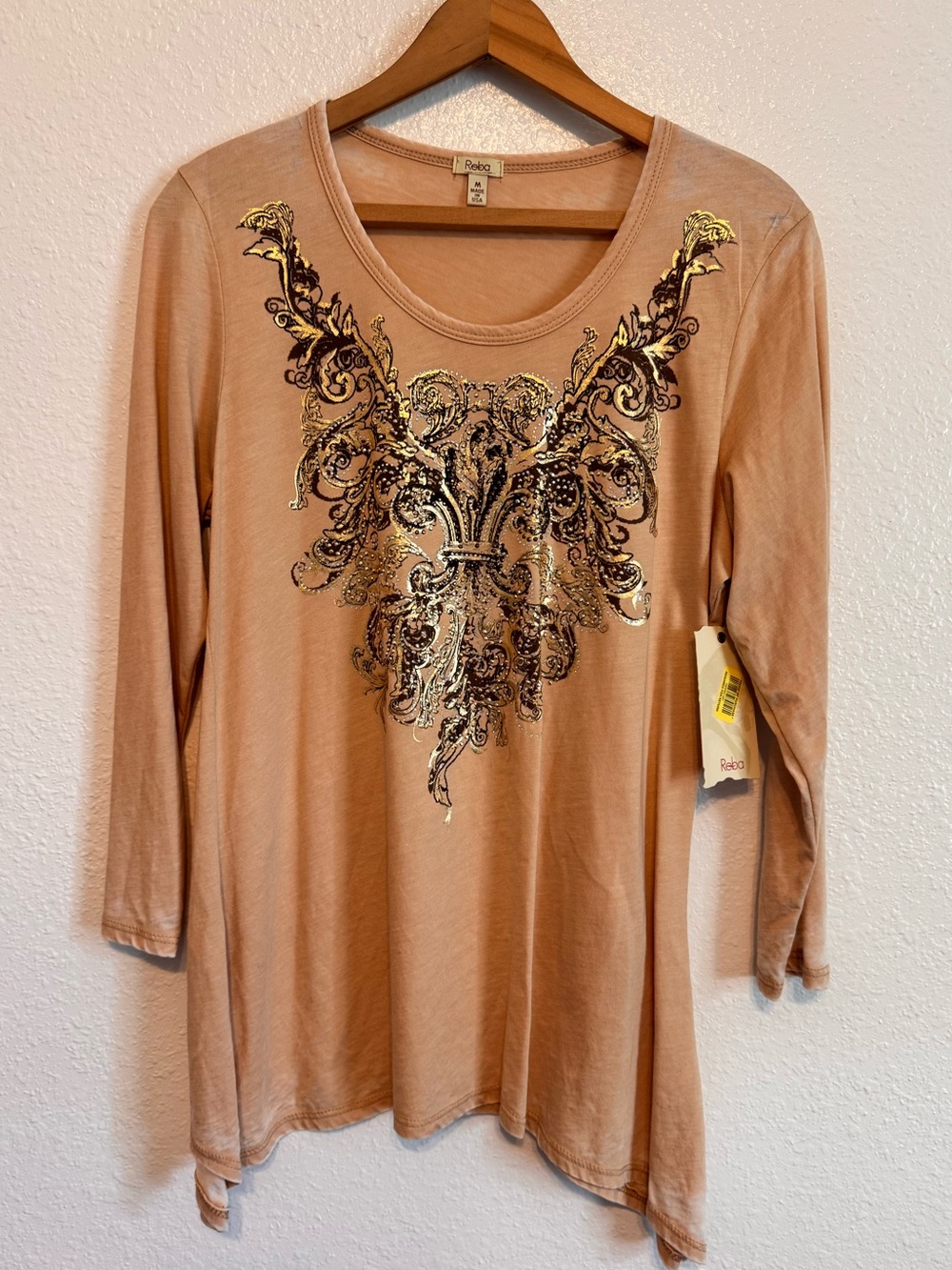 NWT Reba Spring Fling Sand Beaded Embellished Long Sleeve Soft Top M